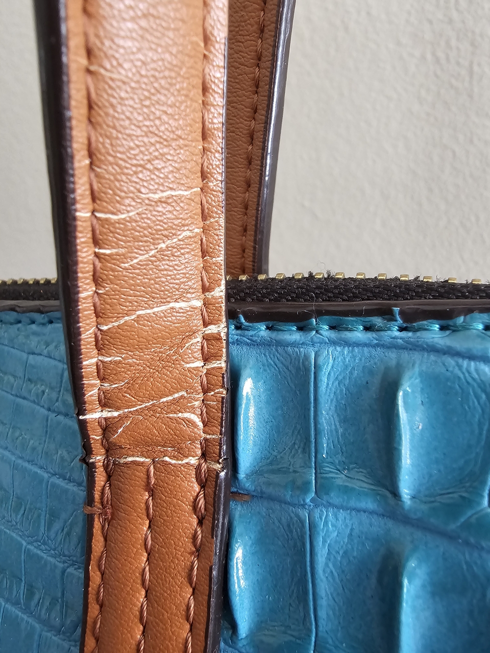 Kate Landry Turquoise Croc-Embossed Tote with Brown Straps - Picture 7 of 9
